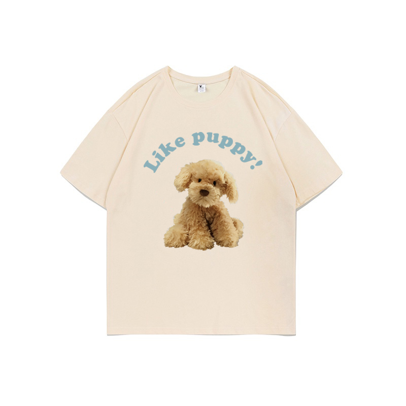 XiaoZhaiNv Kaos Atasan Oversize Wanita Cream Puppy Pattern Lengan Pendek A0081