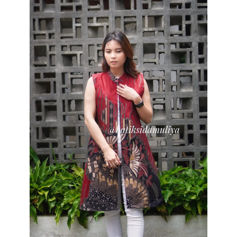 Long Outer Vest Batik Wanita Atasan Batik Kantor Rompi Panjang Tanpa Lengan Premium Eksklusif Full Furing Tricot