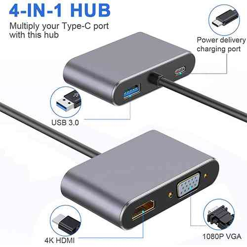 TUKUYU-PROMO 4 IN 1 USB C Type-C To HDMI Adapter Travel 4K VGA USB 3.0 PD