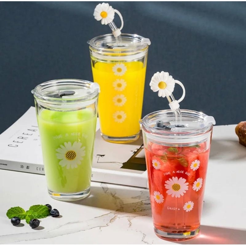 Gelas Tumbler Kaca Aesthetic Cantik / Gelas Kaca dengan Sedotan Kaca Aesthetic / Tumbler Kaca