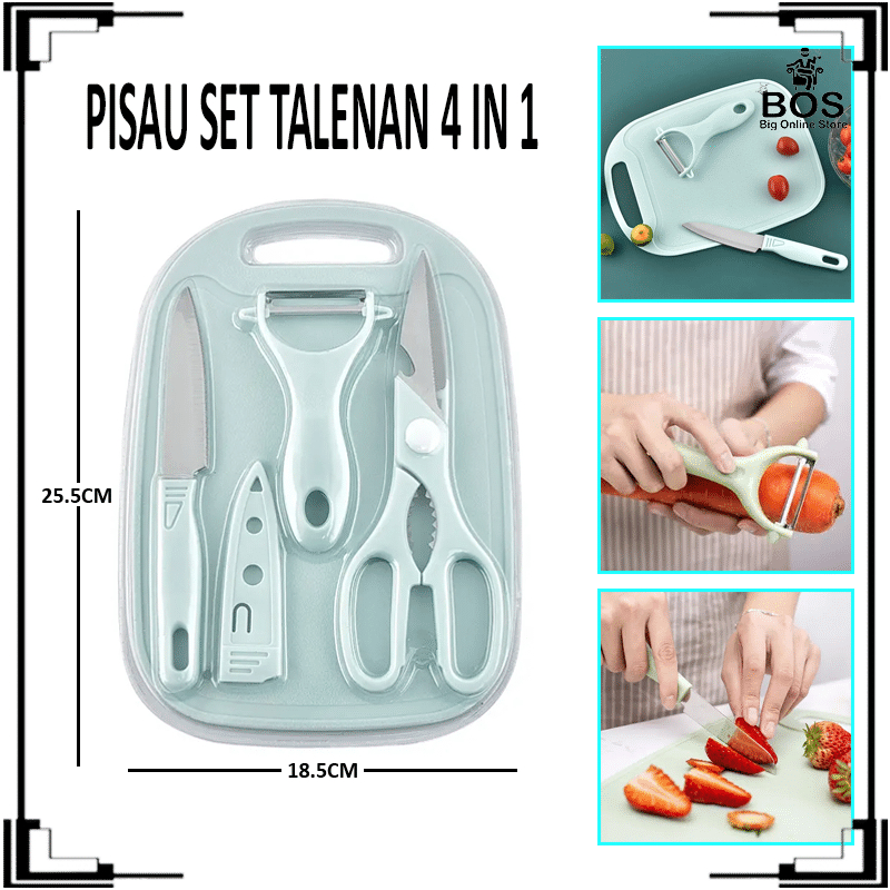 BOS - PISAU SET 4IN1 TALENAN GUNTING PENGUPAS KULIT / PISAU SET TAJAM STAINLESS / TALENAN SET KNIFE