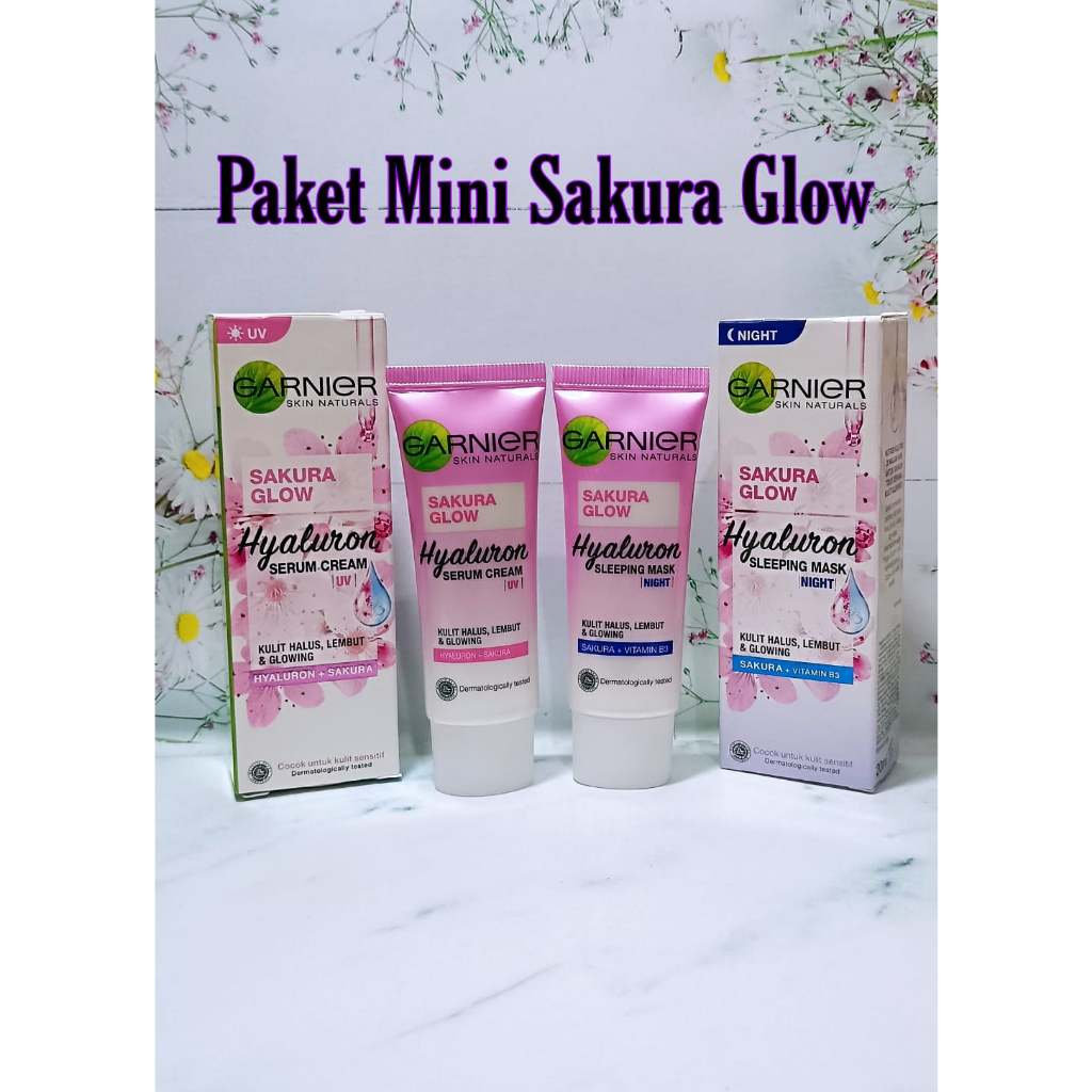 Paket Mini Garnier Sakura Glow Hyaluron Serum Cream + Sleeping Mask Night Cream 20gr - Travel Size Krim Siang + Malam