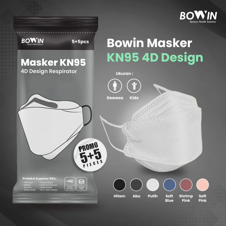 Bowin Masker KN95 - (Masker Kesehatan/Masker Polusi/Masker Motor/MASKER MEDIS) - KN95 4D DEWASA