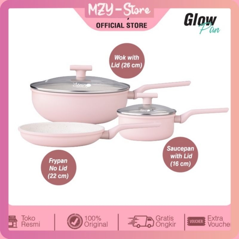 Stein Glow Pan Set Violet Blue Pink Steincookware Glowpan Violet Glowpan Pink Glowpan Blue  Series Wajan Set (Frypan 22 Saucepan 16 Wokpan 26)