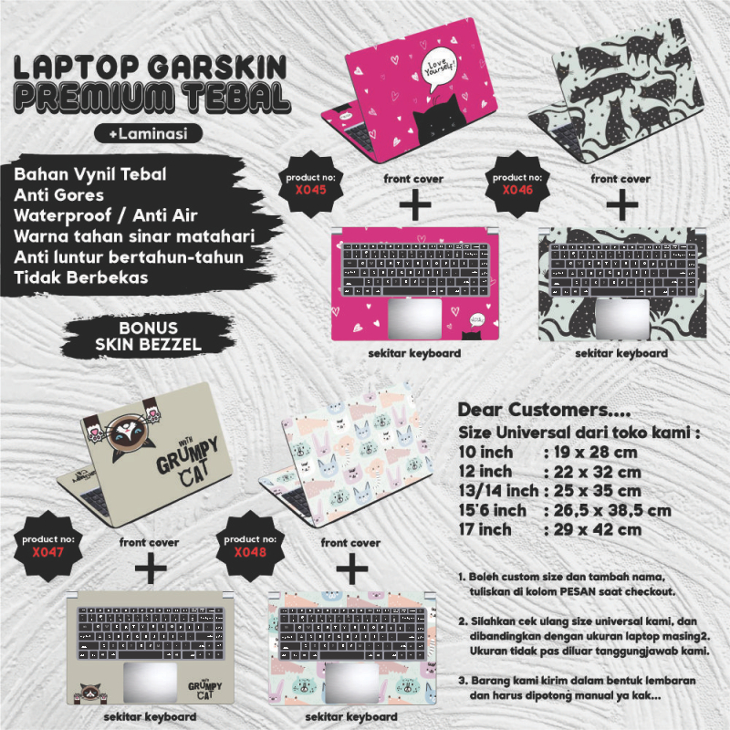 Garskin Laptop Anti Gores Catlovers Cat Kucing Meng Pet Premium Full set 10 12 13 14 15 inch Universal Untuk Semua Merk Laptop