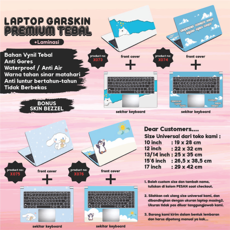 Garskin Laptop Anti Gores Blue Sky Pastel Cinnamoroll Penguin Ice Bear Premium  Full set 10 12 13 14 15 inch  Acer Lenovo Asus Macbook Dell