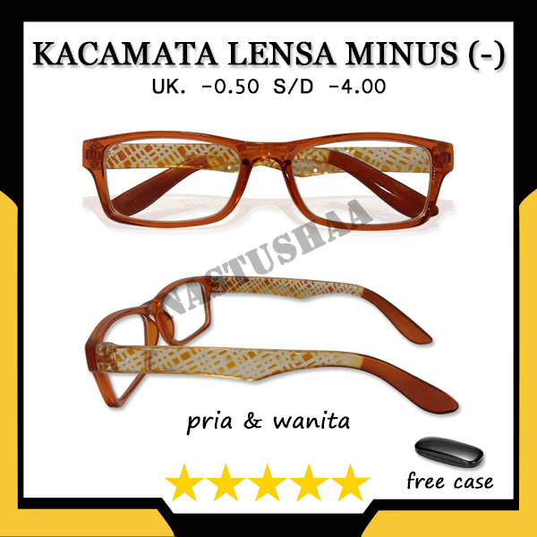 Kacamata Lensa Rabun Jauh (-) Uk . -0.50 s.d -4.00 Bingkai Kotak Warna Orange Gagang Motif Garis-Garis Kacamata Minus Untuk Pria/Wanita FREECASE