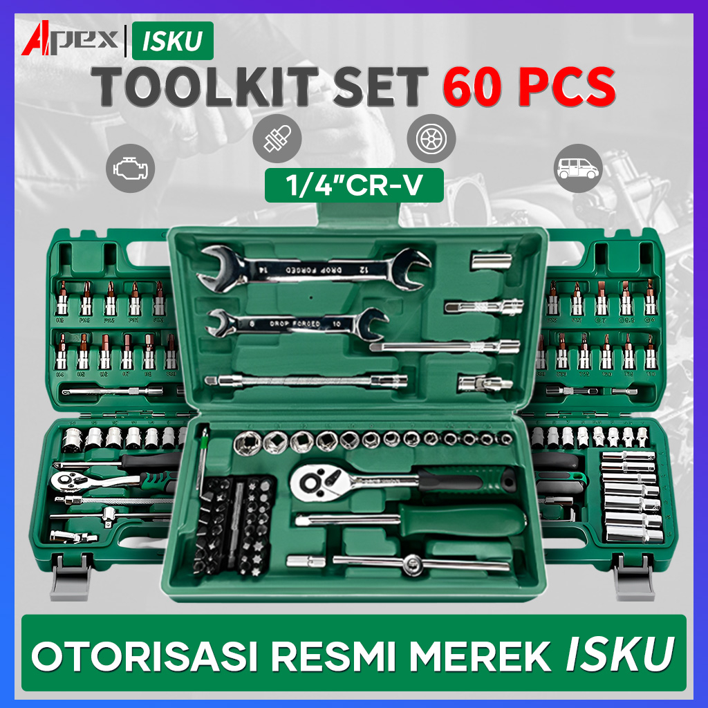 ISKU Kunci Shock Set 60 Pcs 45gigi Kunci Rachet Tool Kit Set Motor Lengkap Kunci torsi