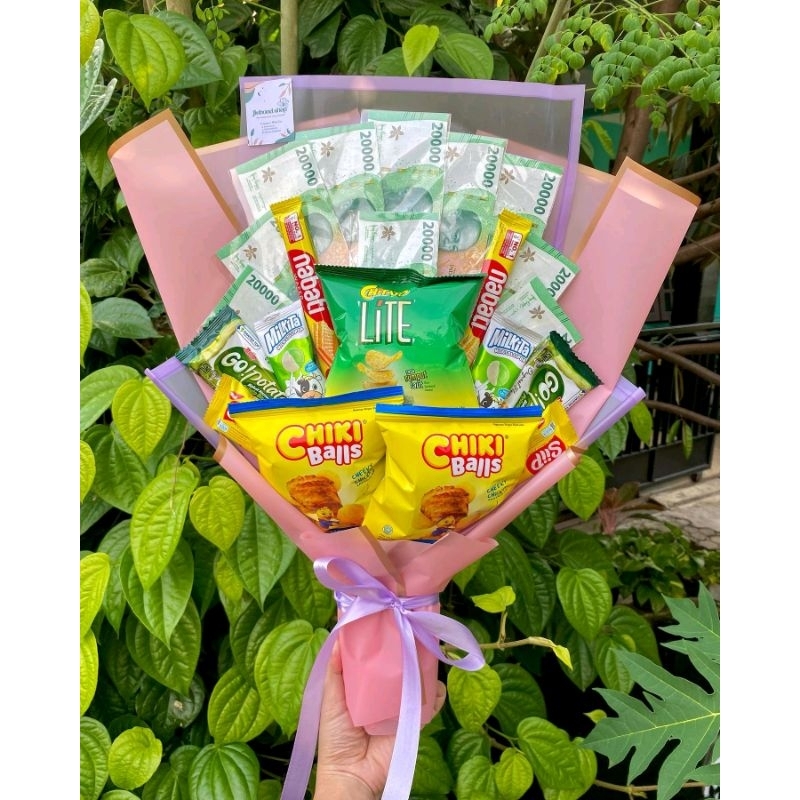 (S) BUKET PREMIUM KERTAS CELLO BUKET SNACK MIX UANG 20RB 10LEMBAR/paket/bingkisan Snack Ulang Tahun/
