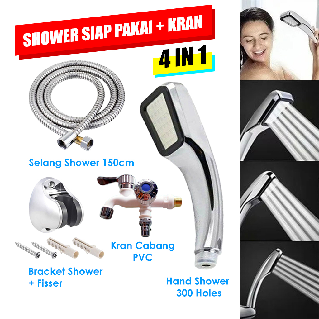 Paket Shower Set Kamar Mandi Shower Mini Aerator 300 Hole + Kran Shower Cabang Double 4 In 1 / Selang Shower Fleksibel Hose Selang Shower Toilet Selang Shower Mandi High Quality Selang Shower 150cm