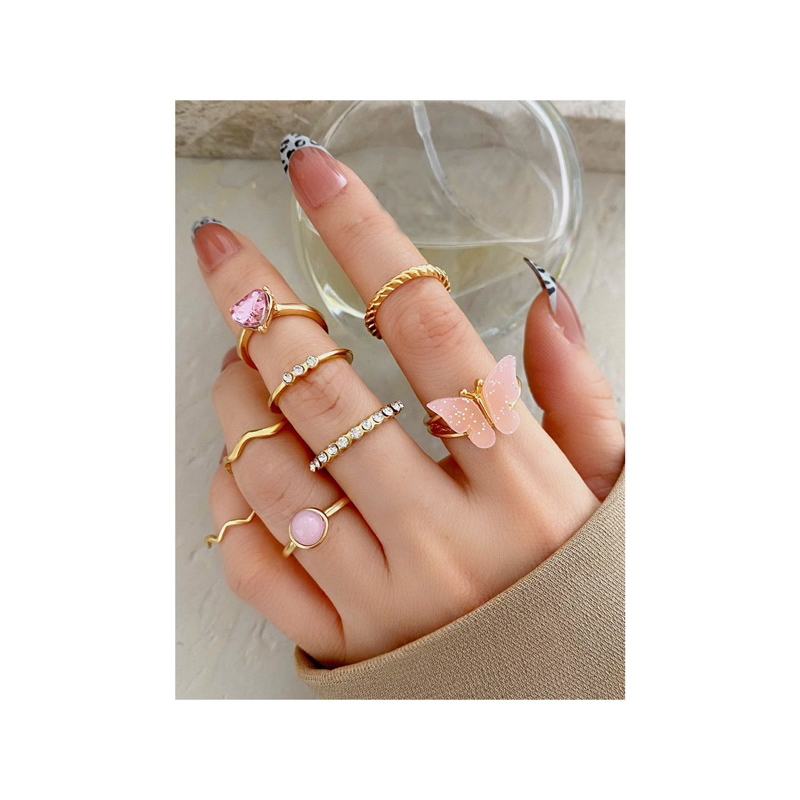 Ark.co - Buttera Pink set rings cincin kupu hati kristal tumpuk