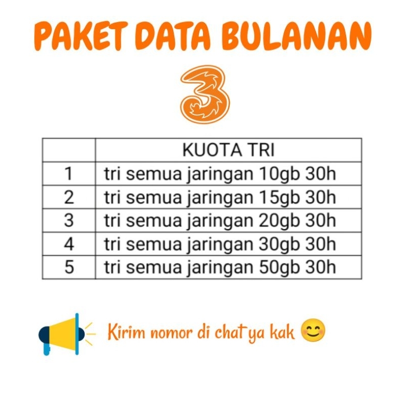 Paket Data Internet 3 Tri Bulanan 30 hari semua jaringan