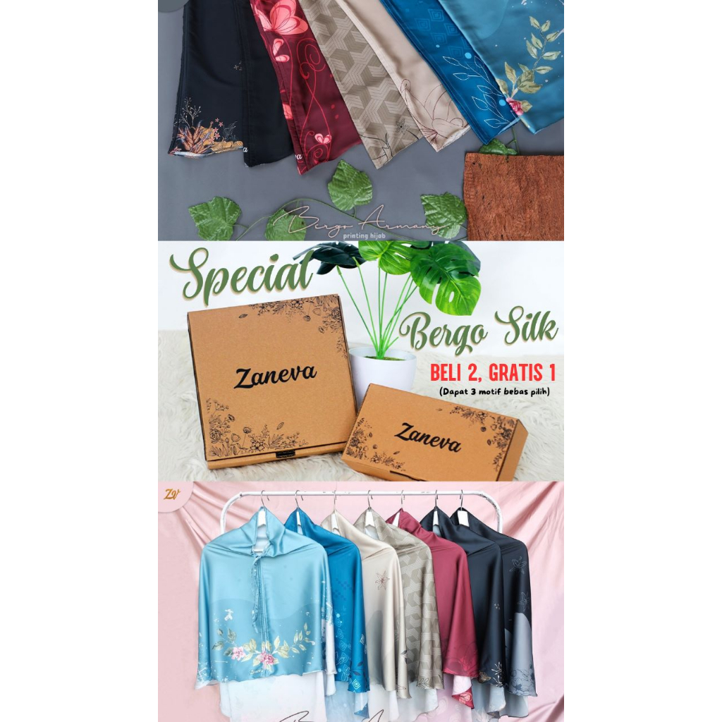 BELI 2 GRATIS 1 Bergo Armany Silk l Bergo Instan Silk l Bergo Printing l Bergo Motif Jahit