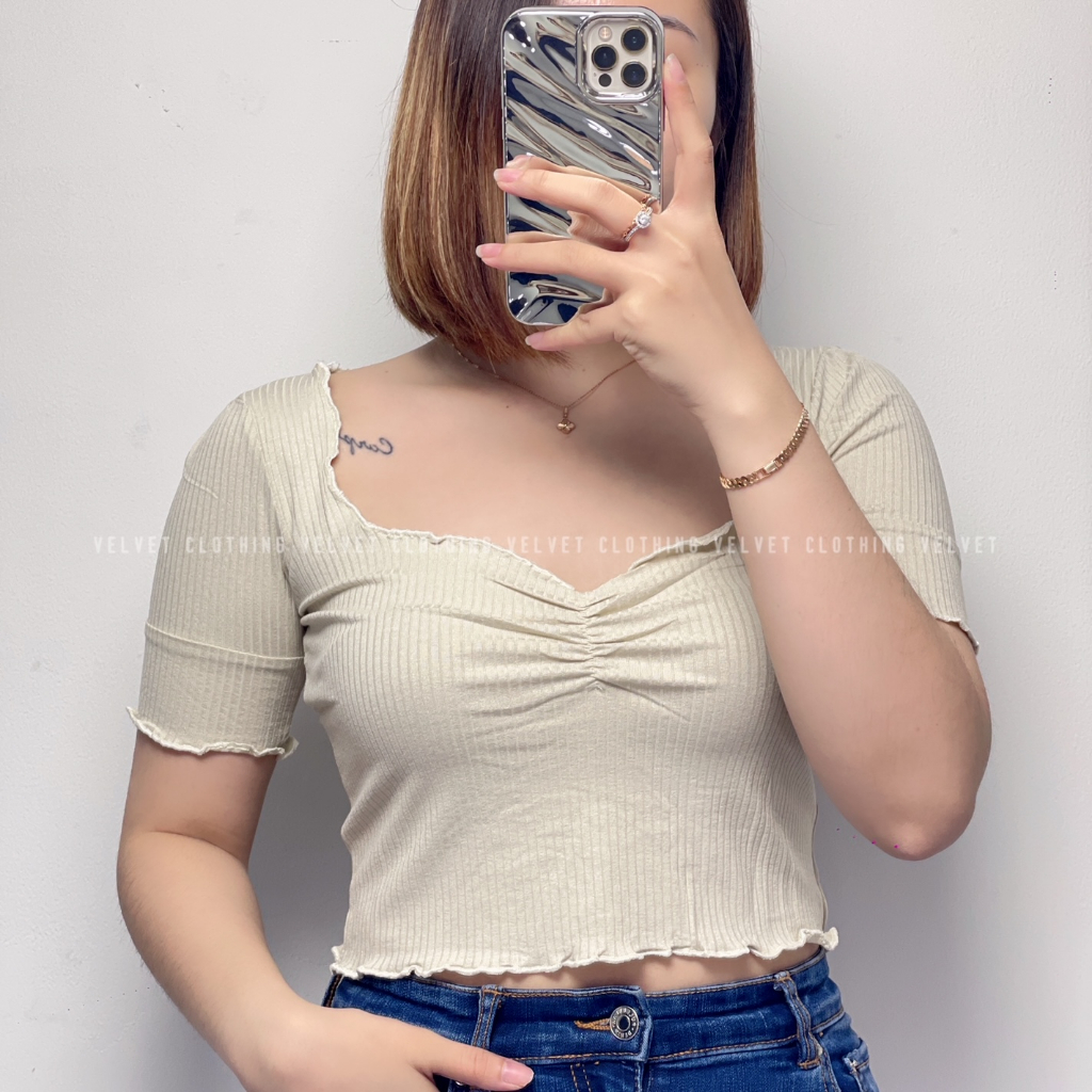 Crop Top Neci Squareneck Rib / Crop Top Polos Neci Wanita / Crop Lengan Pendek Knit Wanita 4166