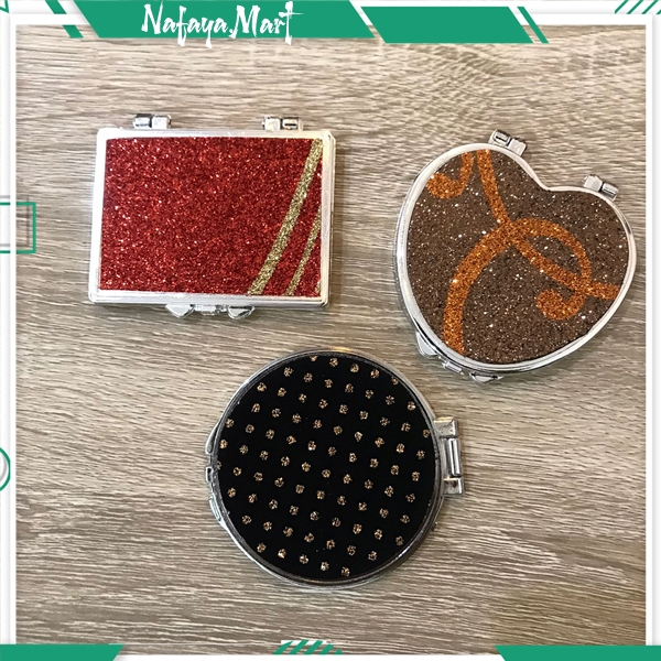 CERMIN LIPAT MINI / KACA CERMIN GLITER LIPAT MODEL KOTAK BULAT LOVE / SOUVENIR PERNIKAHAN KACA CERMI