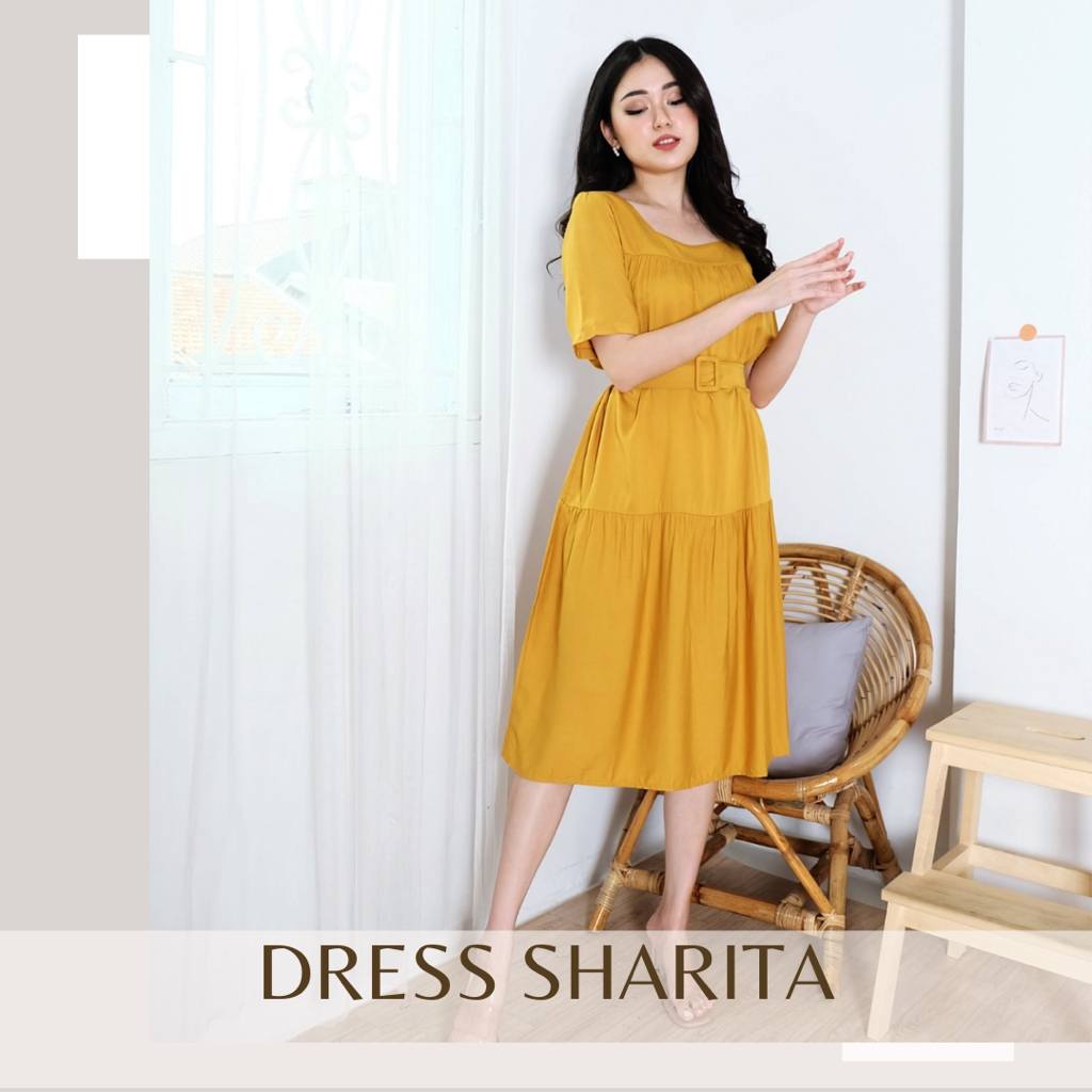 Baju Terusan Wanita Midi Dress Sharita Katun Rayon Twill Premium Polos