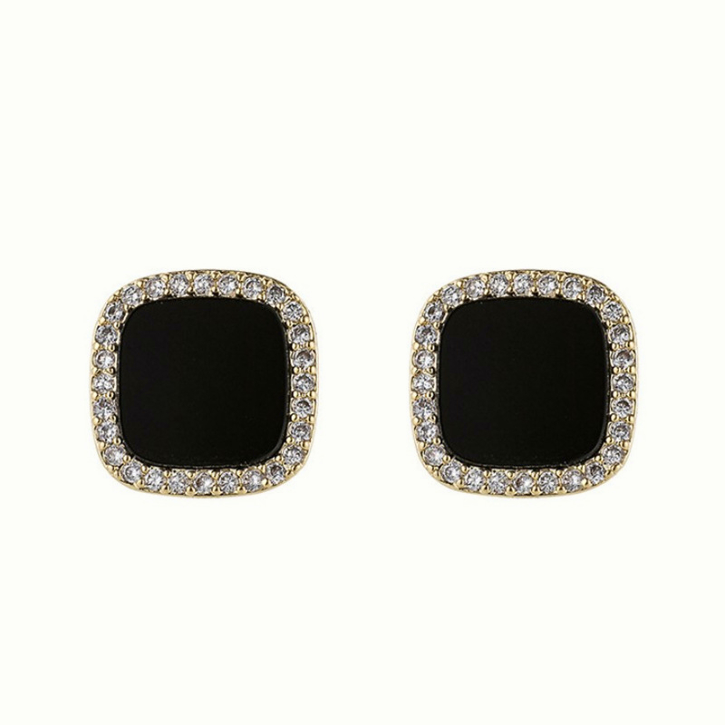 AZ266 【Barang spot】Anting Titanium Anti Karat Dan Anti Luntur Lapis Emas Kuadrat Hias Kristal Warna Hitam Perhiasan Anting Korea