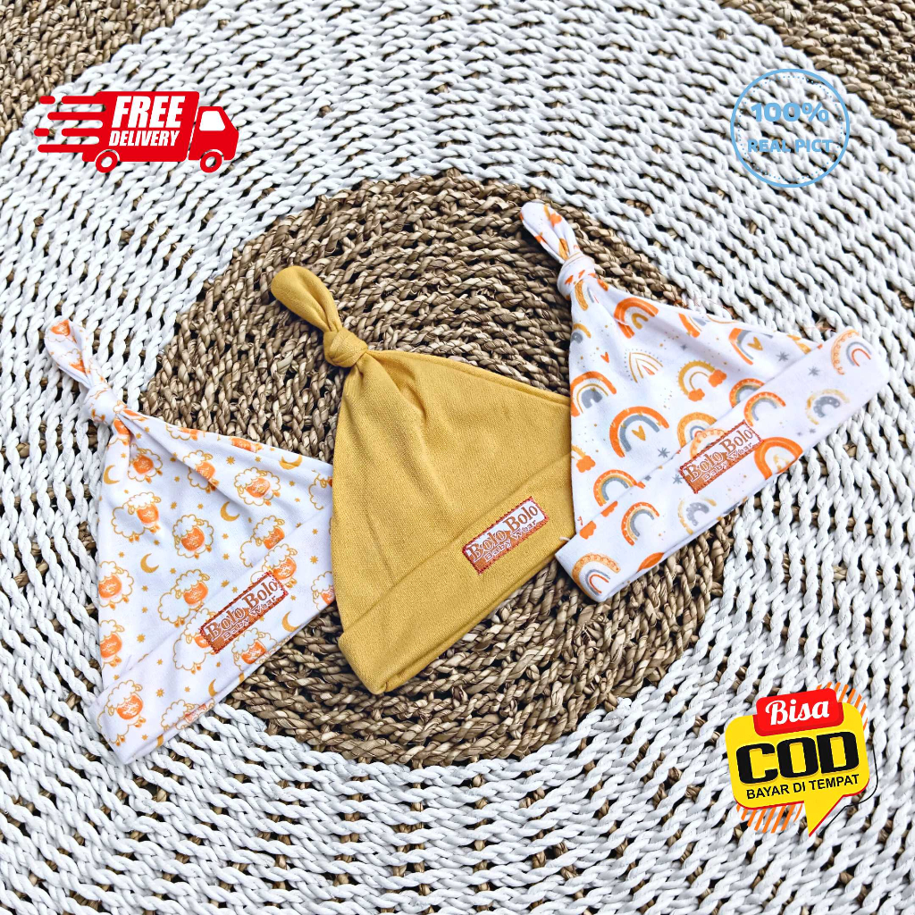 SALE 7.7 Serian Mustard - 3 Pcs Topi Kupluk Bayi Baru Lahir Topi Bayi 0 - 3 Bulan MUSTARD SERIES merk SNI Bolo - Bolo