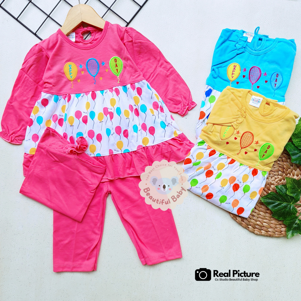 Baby.ou - Setelan Baju Bayi Muslim Perempuan 3-12 Bulan Motif Balon / Set Hijab Bayi / Kerudung Bayi / Gamis Bayi Perempuan