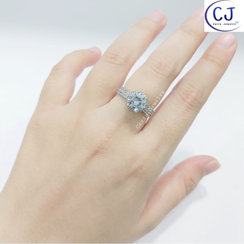 Cincin Perak Asli Silver 925 Lapis Emas Putih Permata Zircon Batu Putih - Perhiasan Perak Wanita