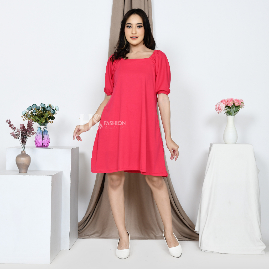 HS - DELIVIA DRESS WANITA CREPE / DRESS TERUSAN WANITA LENGAN PUFF