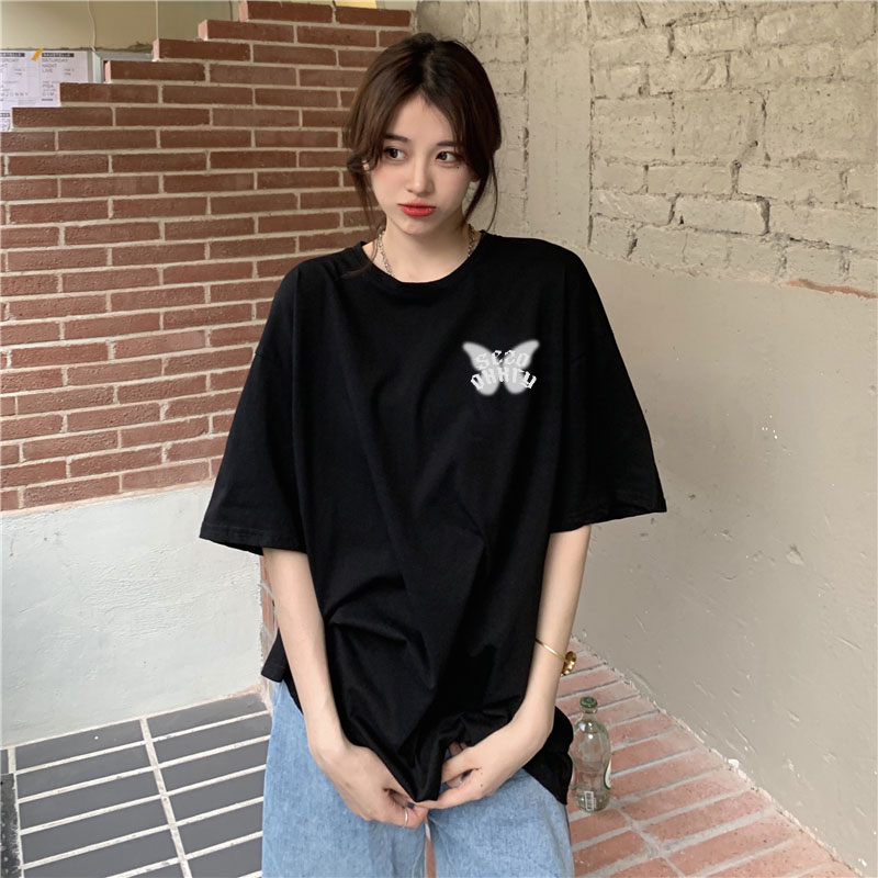 XiaoZhaiNv Kaos Atasan Oversize Wanita White Butterfly Pattern Lengan Pendek A0500