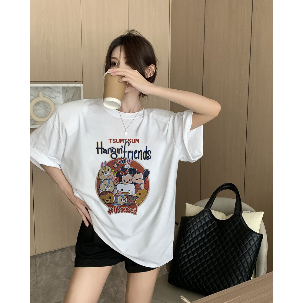 XiaoZhaiNv Kaos Atasan Oversize Wanita Disney Mickey Mouse Pattern Lengan Pendek A0307