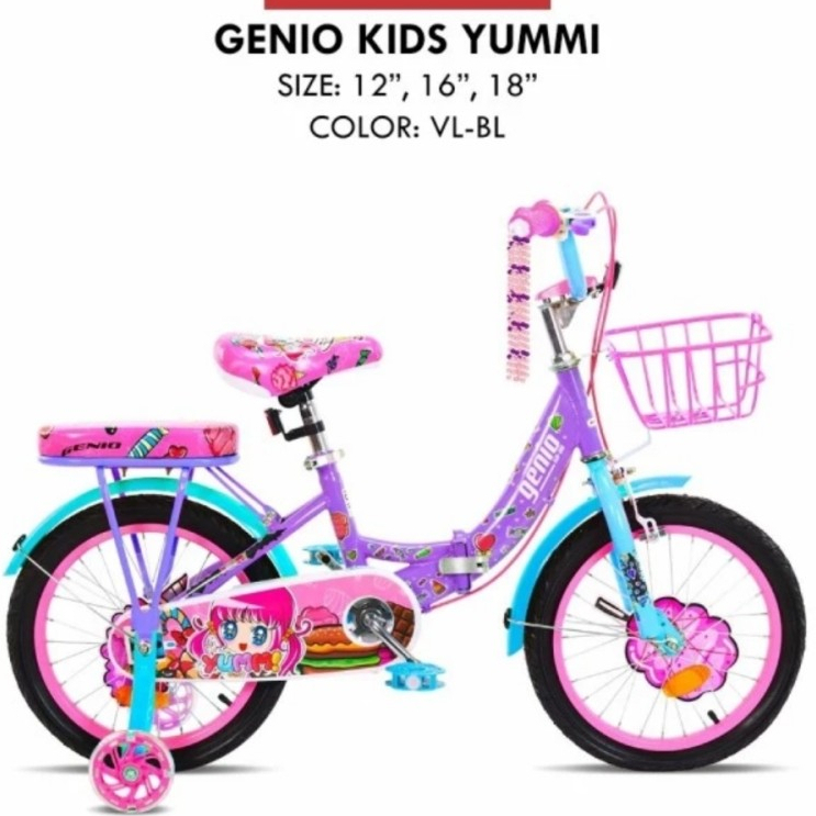Sepeda mini lipat 12 16 18 inch anak cewek keranjang genio by united usia 3-9 tahun ke atas