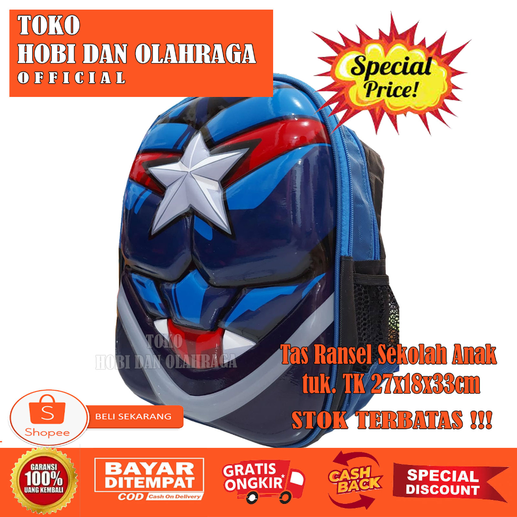 Hobidanolahraga Tas Ransel Backpack Anak Sekolah Ukuran TK Motif Badan Superhero Kapten amerika