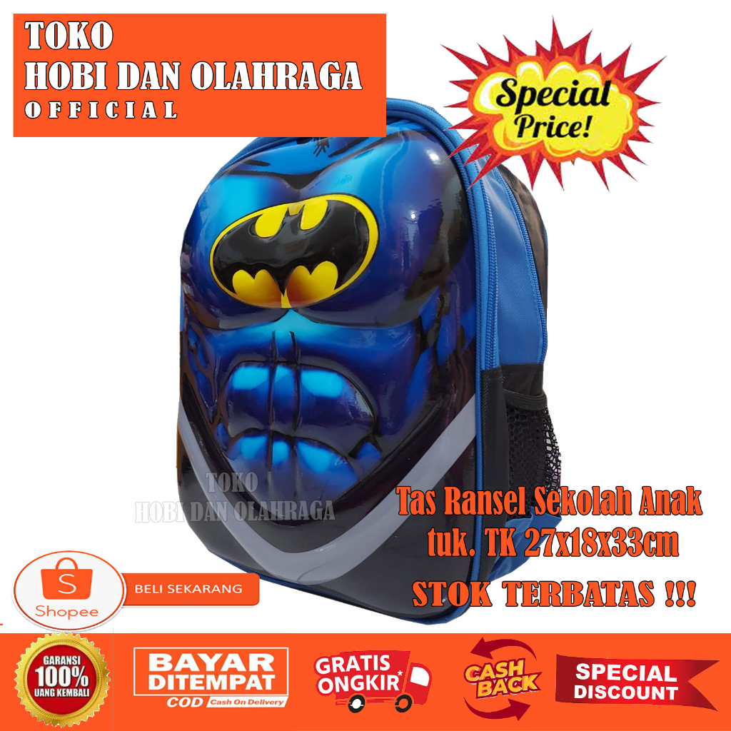 Hobidanolahraga Tas Ransel Backpack Anak Sekolah Ukuran TK Motif Badan Superhero Batman