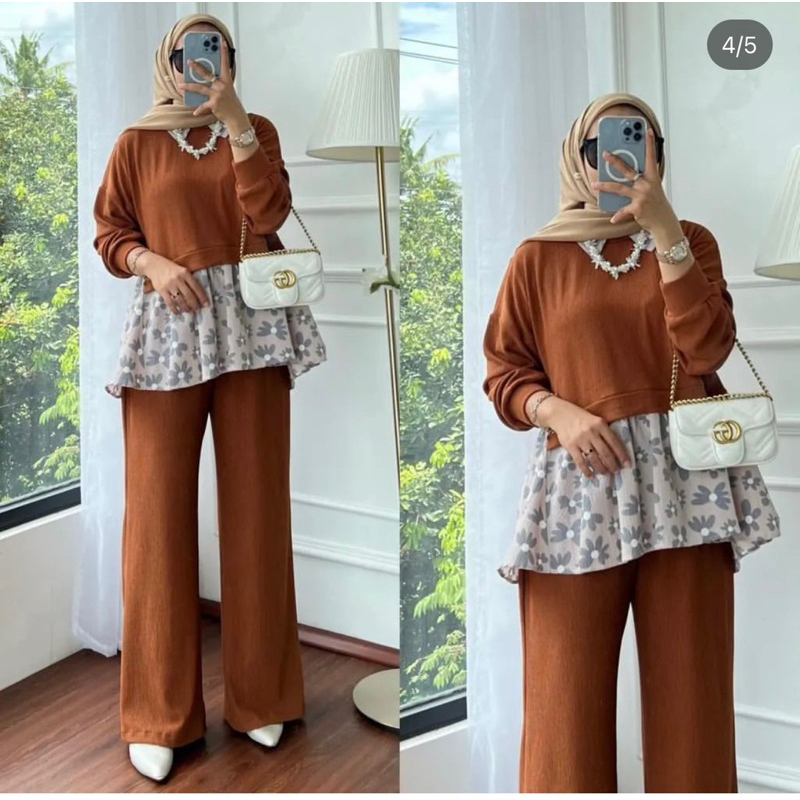 setcel wanita kombinasi flower setelan kaos knit setelan celana wanita