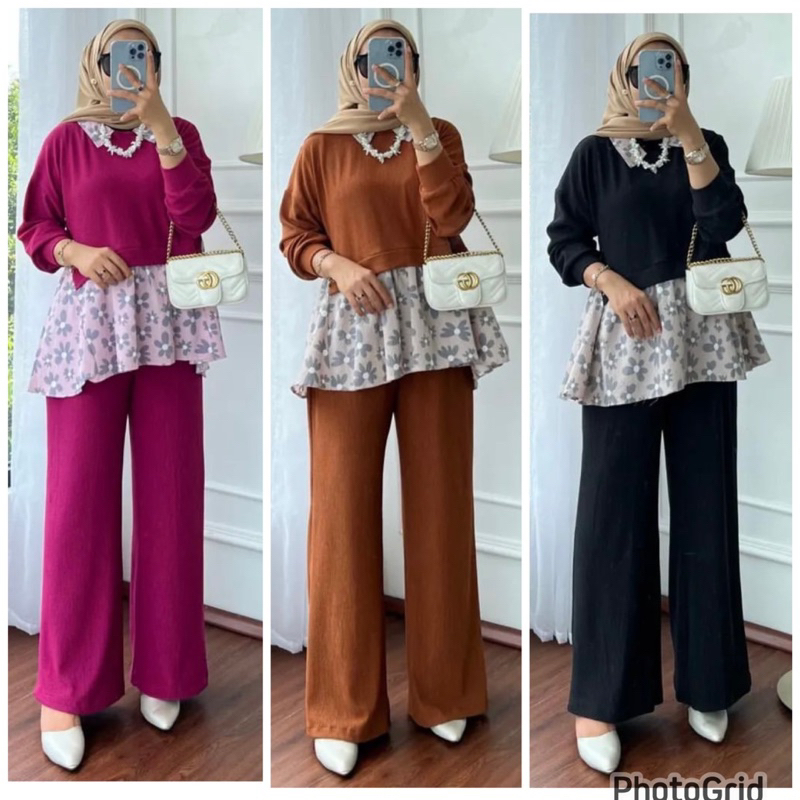 setcel wanita kombinasi flower setelan kaos knit setelan celana wanita