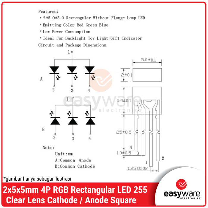 LED 2x5x5mm Square RGB 4 Pin Anode Cathode Rectangular LED 255 4P RGB