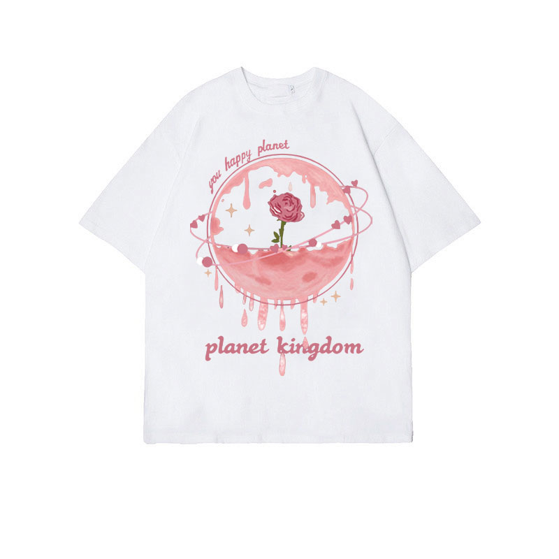 [3 Warna]Print T-shirt Kaos Lengan Pendek Cute Pink Rose Atasan Wanita Oversize Korean Style