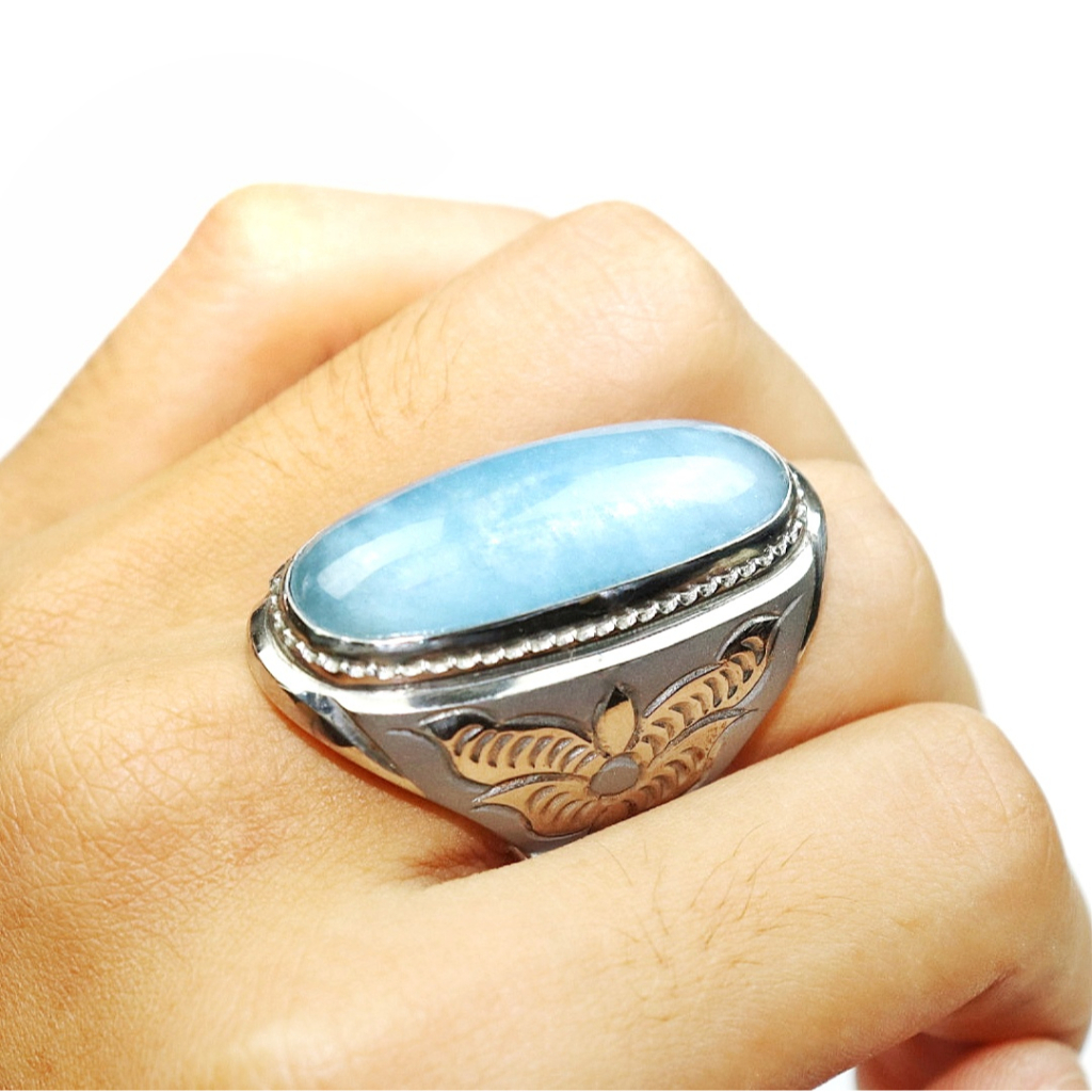 Natural Cincin Batu Sky Blue Aquamarine Berly Ring Monel