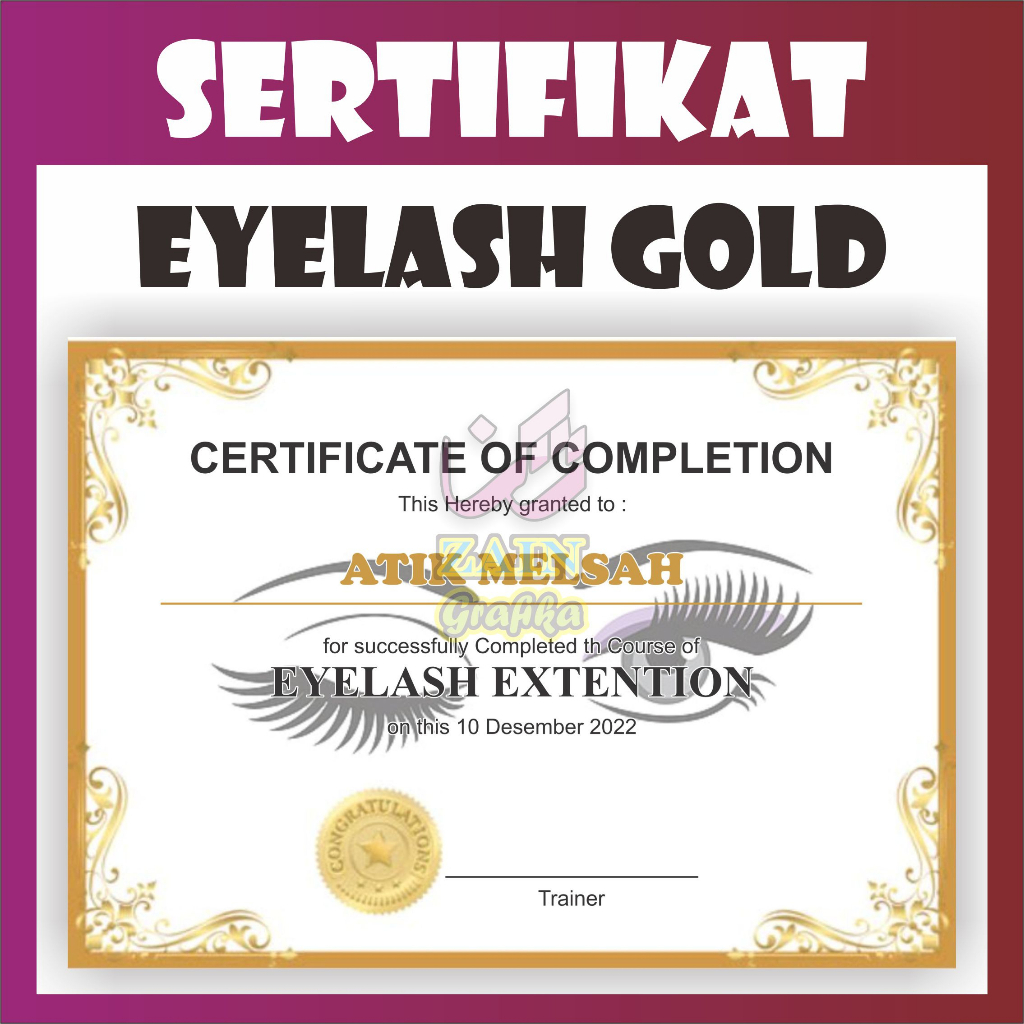 Cetak Sertifikat Piagam Eyelash Extension Tema Gold zain grafika