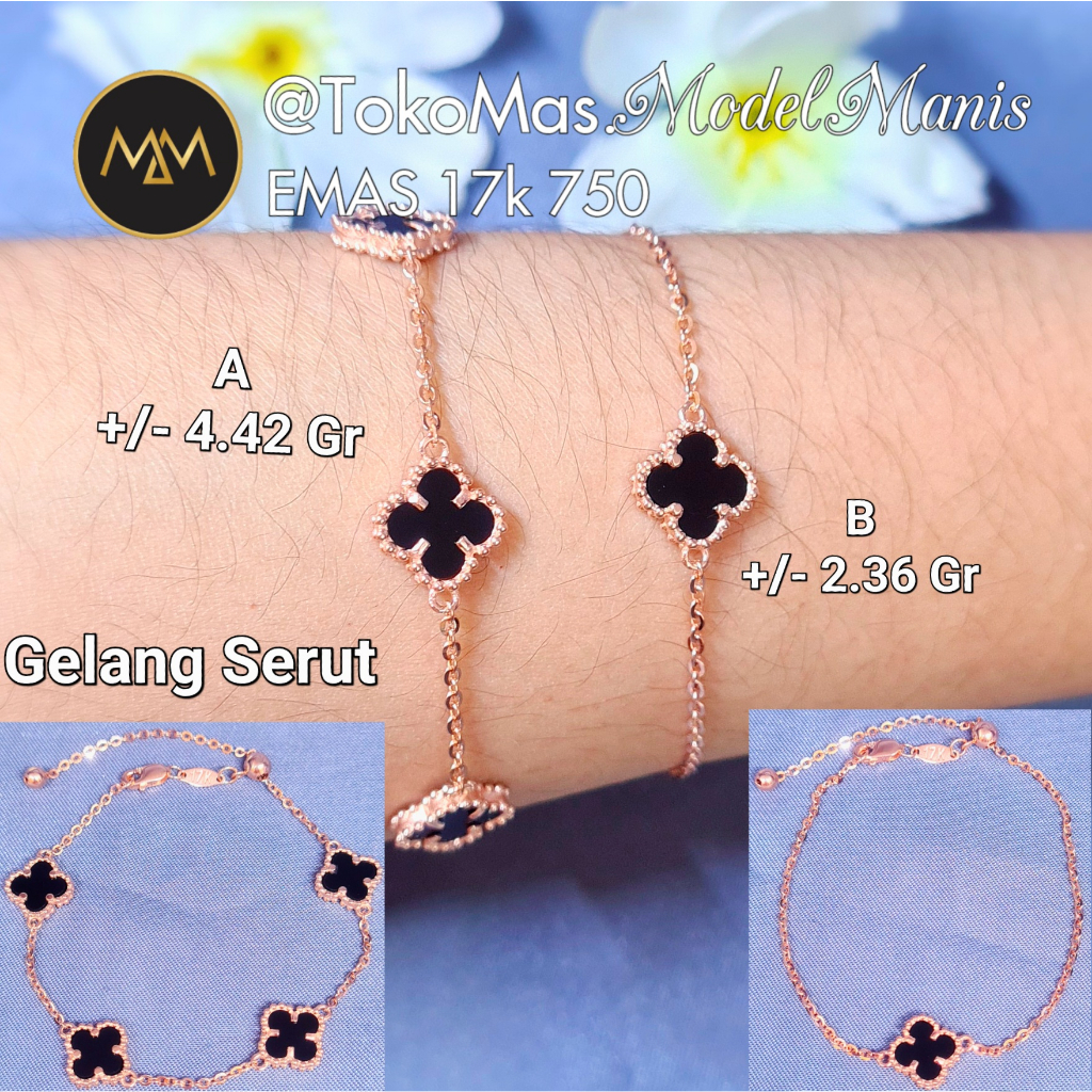Gelang serut van cleef hitam emas rosegold 750 kadar 17k