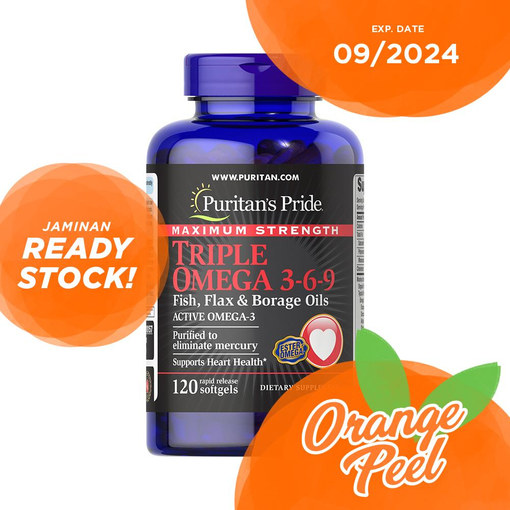 Puritan Maximum Strength Triple Omega 3-6-9 Fish, Flax &amp; Borage Oils 60 120 240 Softgels