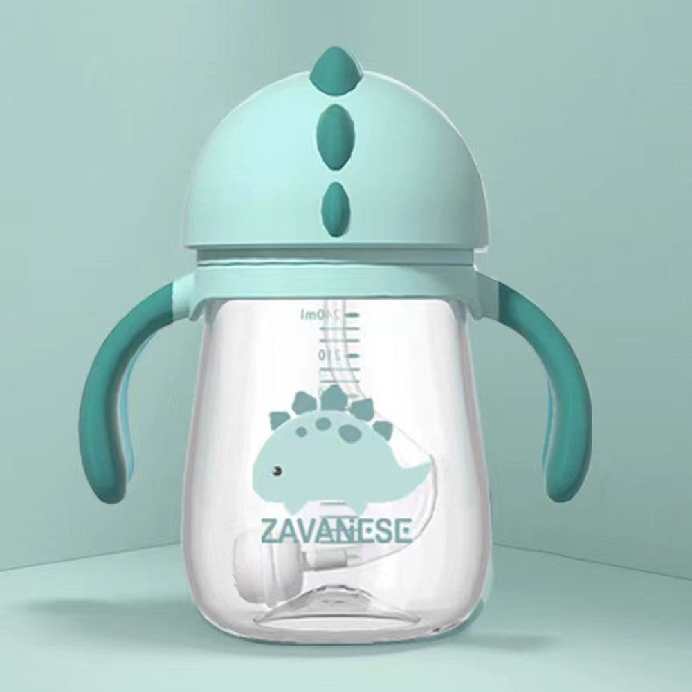 *COD* Botol Minum Bayi Zavanese 2in1& 3in 1 Dot dan Sedotan 240 & 300 ml Training Cup Karakter BPA Free-Dino Biru
