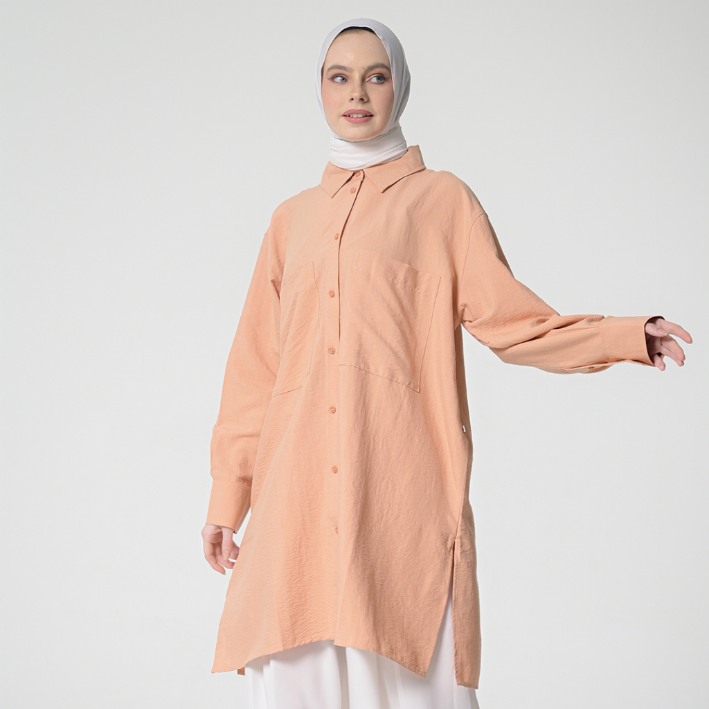 Hanna Tunik Deanna Kemeja Panjang Long Fit With Pockets Bahan Polyester Baju Terusan Formal Orange 1