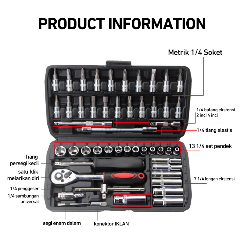 bonkyo Kunci SOK 46 PC Set Socket (1/4 &quot;)  Full Lengkap Socket Tool Kit Pas Ring L Motor Mobil