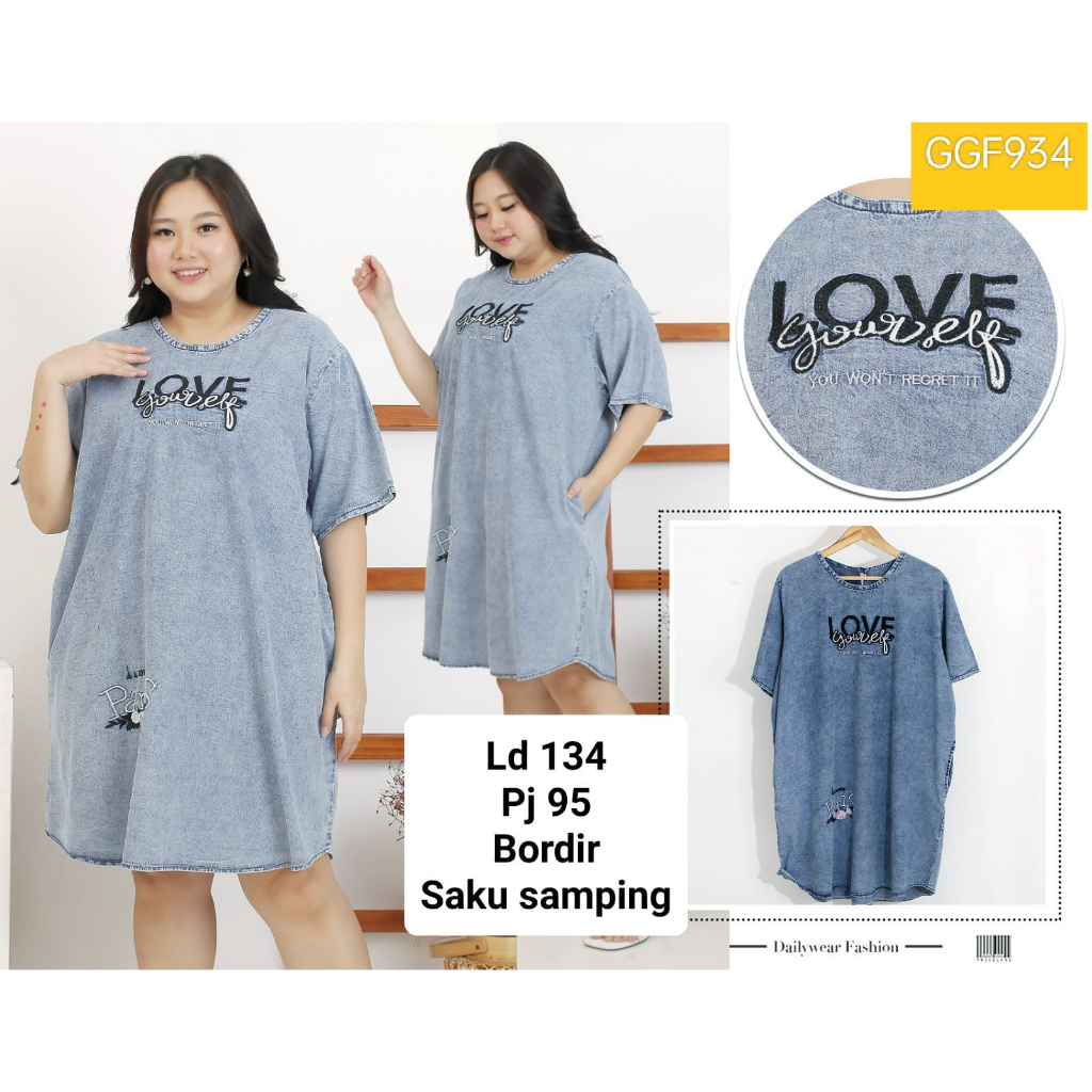 GGF934 Dress Wanita Jeans Denim Jumbo LD134 Jumbo 6L 7L Bordir Blue Grey Sky