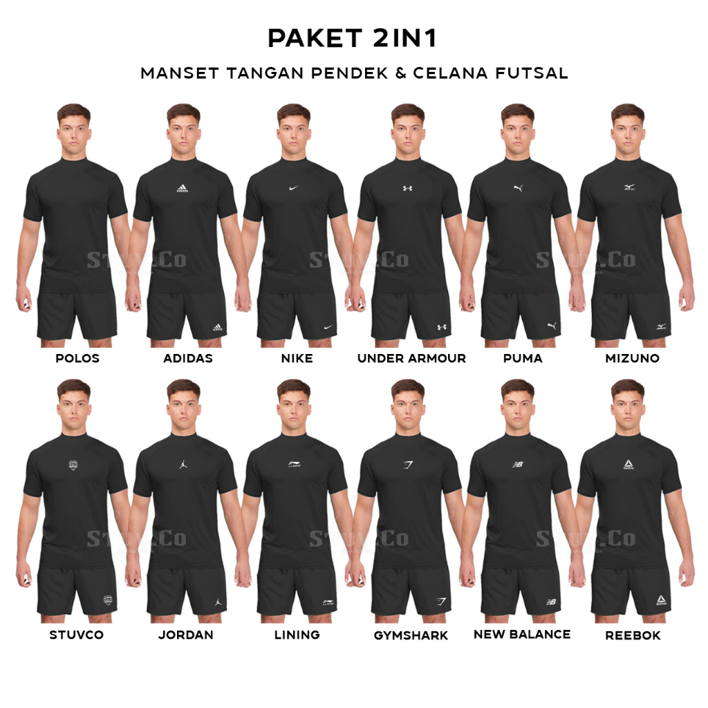 STELAN 2IN1 OLAHRAGA BASELAYER SHORTSLEEVE MANSET LENGAN PENDEK DAN CELANA FUTSAL PRIA WANITA