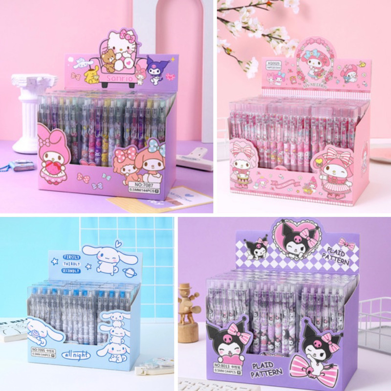 (12 Pcs) Box Pulpen Gel Cetek Sanrio 0.5mm / Ballpoint sanrio kuromi cinnamoroll Melody / Pulpen anak sekolah warna hitam