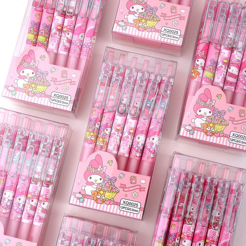 (12 Pcs) Box Pulpen Gel Cetek Sanrio 0.5mm / Ballpoint sanrio kuromi cinnamoroll Melody / Pulpen anak sekolah warna hitam