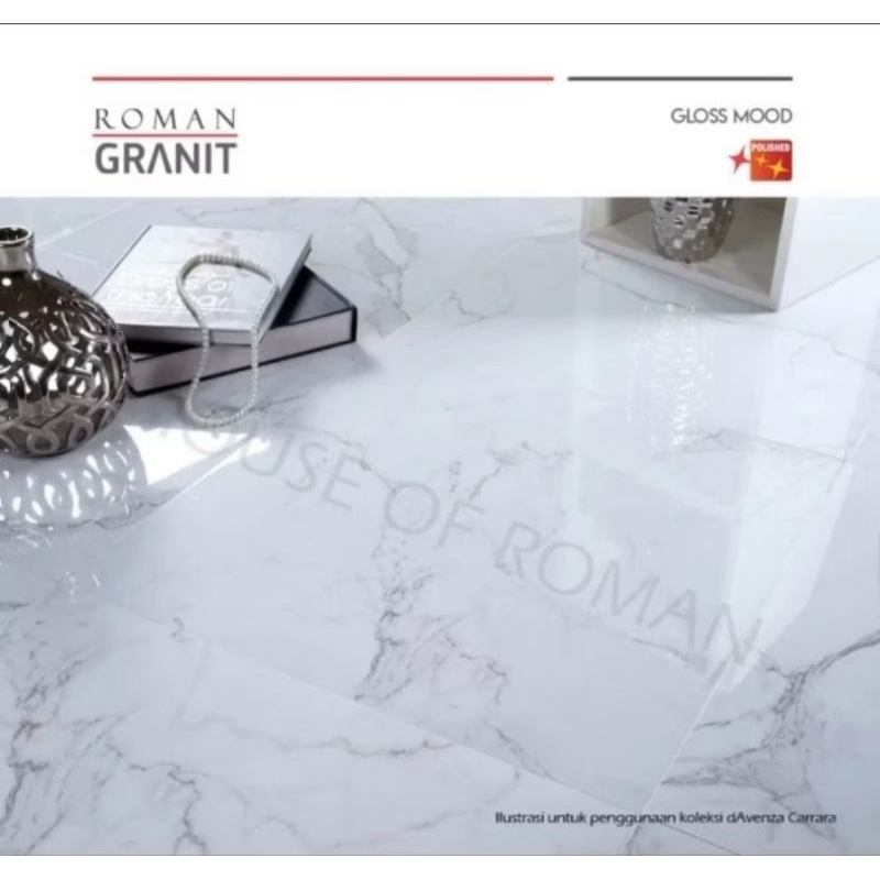 Roman Granit 60x60 dAvenza Carrara Marble Glossy/ Ubin Lantai Putih Glossy/ Dinding Putih Glossy/ Ke