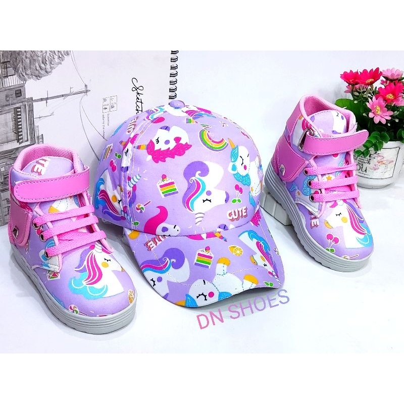 Paket Sepatu Anak Perempuan Topi Anak Lucu Paket Boots Anak Topi Pet Anak Karakter Unicorn Ungu Cute Usia 1 - 7 Tahun