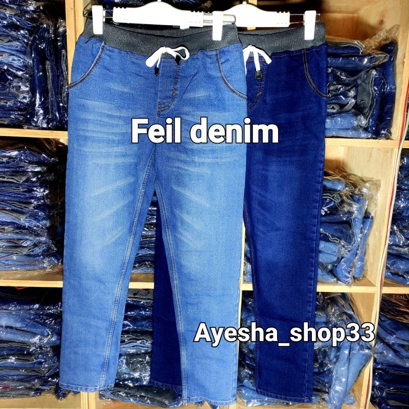 Celana panjang cowok slim fit jeans pinggang karet feil