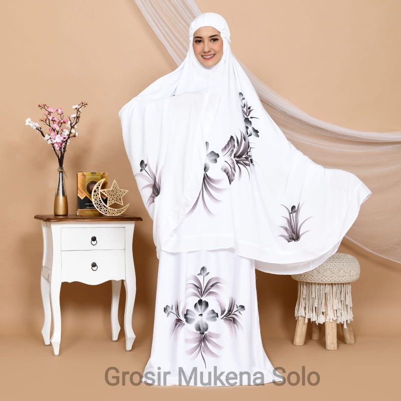 Mukena Stelan Dewasa Putih Lukis | Mukena Rayon Adem Lukis