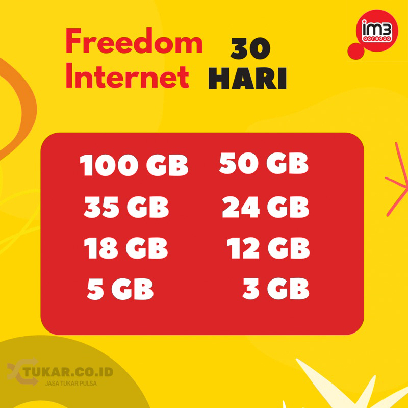 PAKET INDOSAT IM3 GIFT FREEDOM INTERNET 30 HARI 3GB - 100GB
